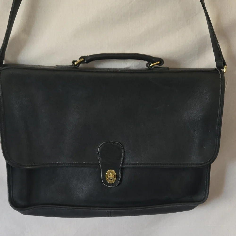 Black Leather Briefcase with Gold Clasp and Top Handle